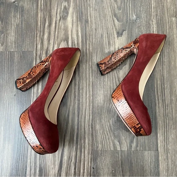 Prada NEW Authentic Burgundy Suede Platform Block Heels with Snakeskin Detail - Picture 11 of 14